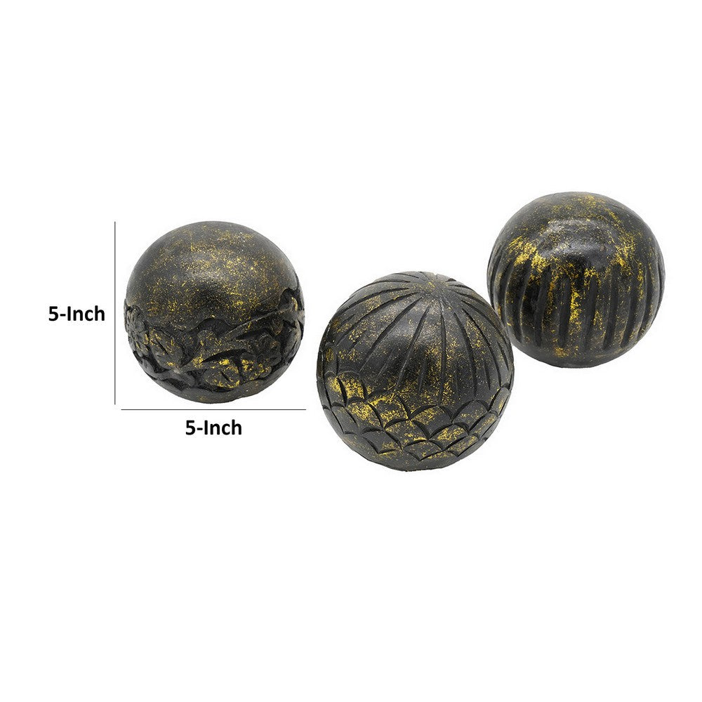 Benjara Set of 3 Decorative Tabletop Round Balls, Carved Mango Wood, Black, Yellow
