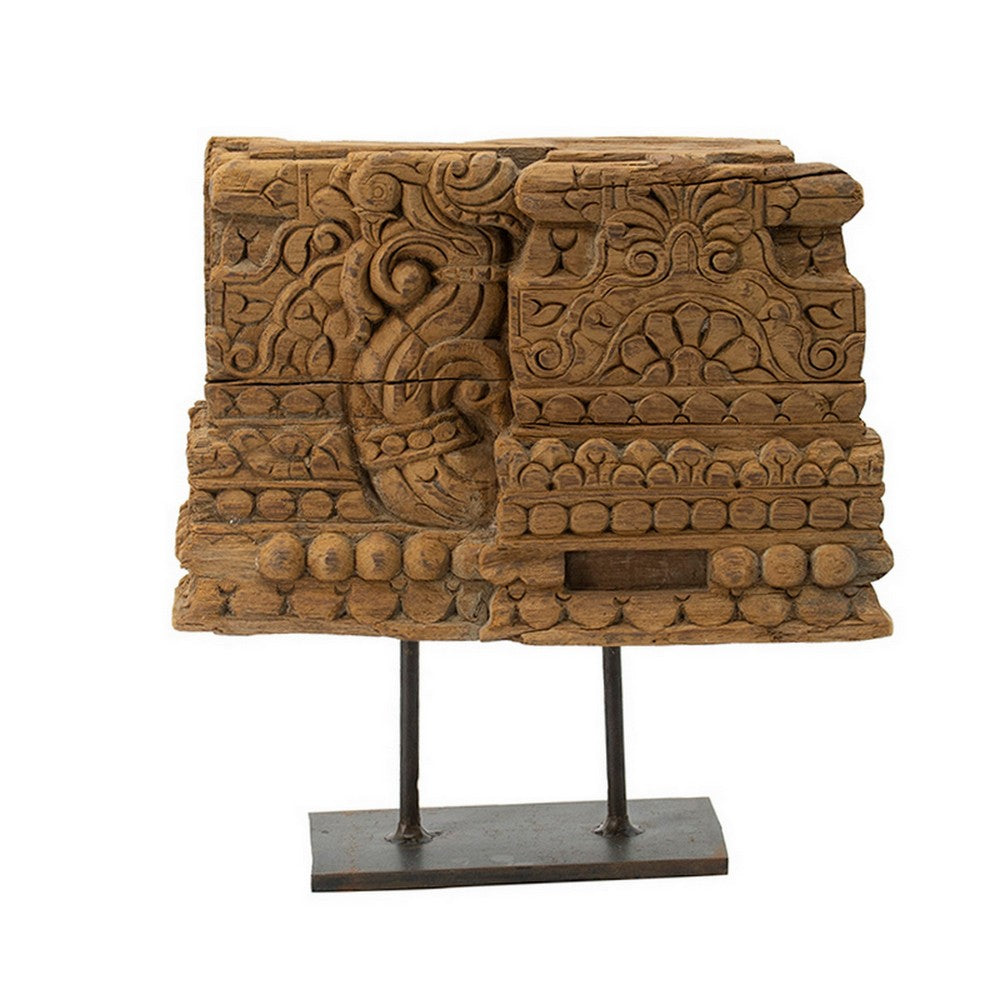 Benjara 13 Inch Decorative Carved Tabletop Sculpture, Brown Wood, Black Metal Base