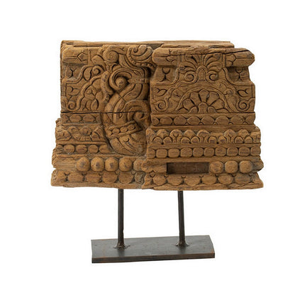 Benjara 13 Inch Decorative Carved Tabletop Sculpture, Brown Wood, Black Metal Base