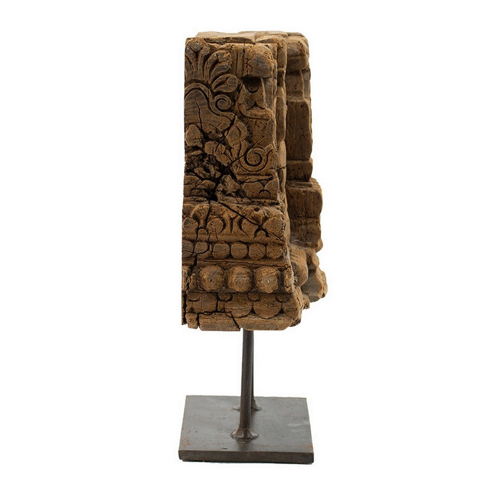 Benjara 13 Inch Decorative Carved Tabletop Sculpture, Brown Wood, Black Metal Base