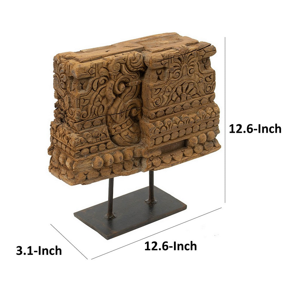 Benjara 13 Inch Decorative Carved Tabletop Sculpture, Brown Wood, Black Metal Base