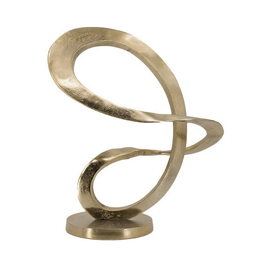 Benjara 17 Inch Modern Sculpture, Gold Aluminum, Tabletop Decor Loop, Round Base