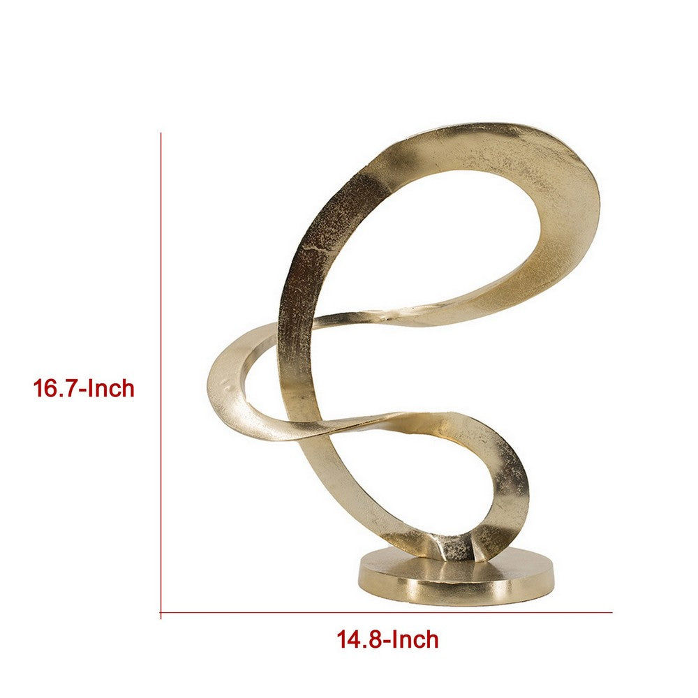 Benjara 17 Inch Modern Sculpture, Gold Aluminum, Tabletop Decor Loop, Round Base
