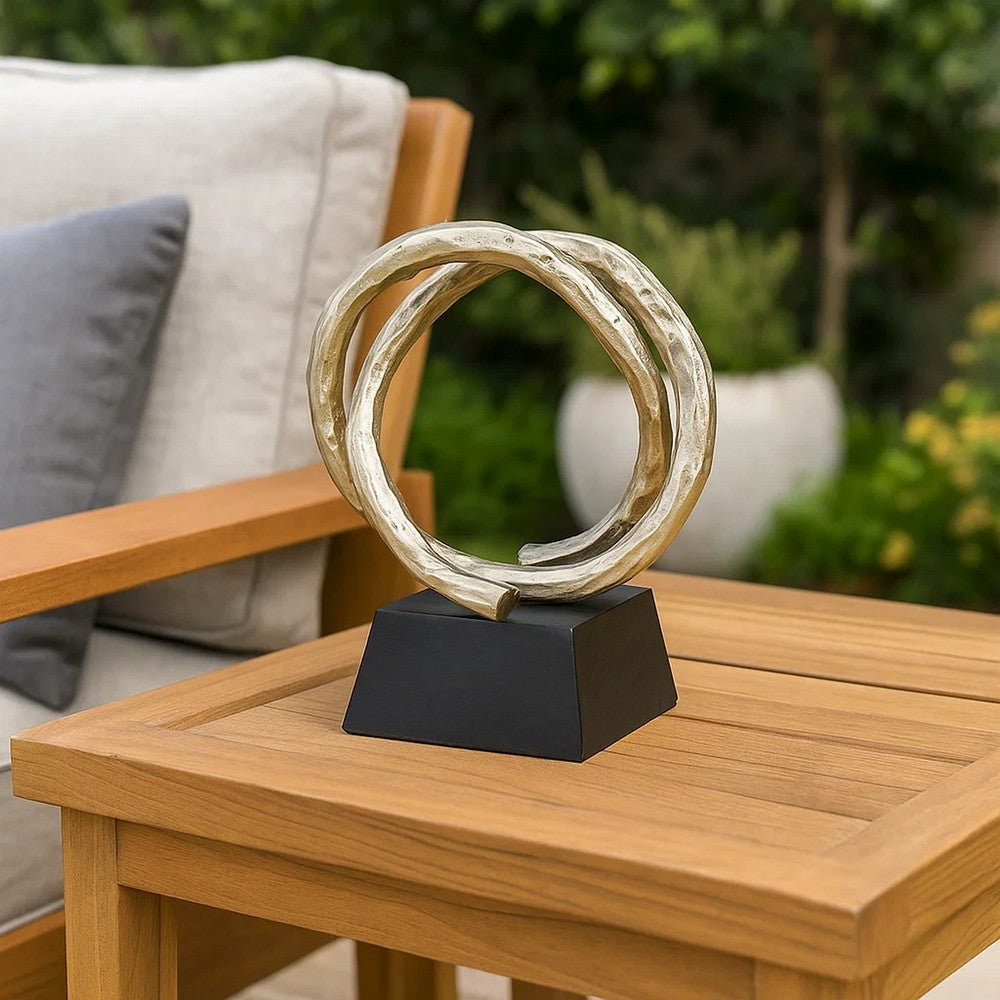 Benjara 10 Inch Modern Table Sculpture, Bright Gold Aluminum, Intertwined Ring Loop