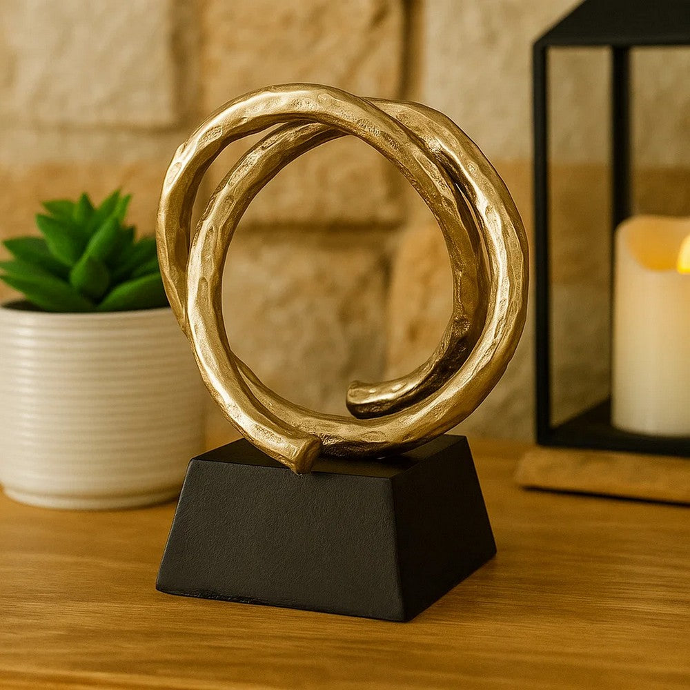 Benjara 10 Inch Modern Table Sculpture, Bright Gold Aluminum, Intertwined Ring Loop
