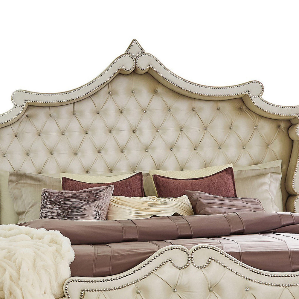Benjara Lino California King Bed, Ivory Tufted Velvet Upholstery, French Carved