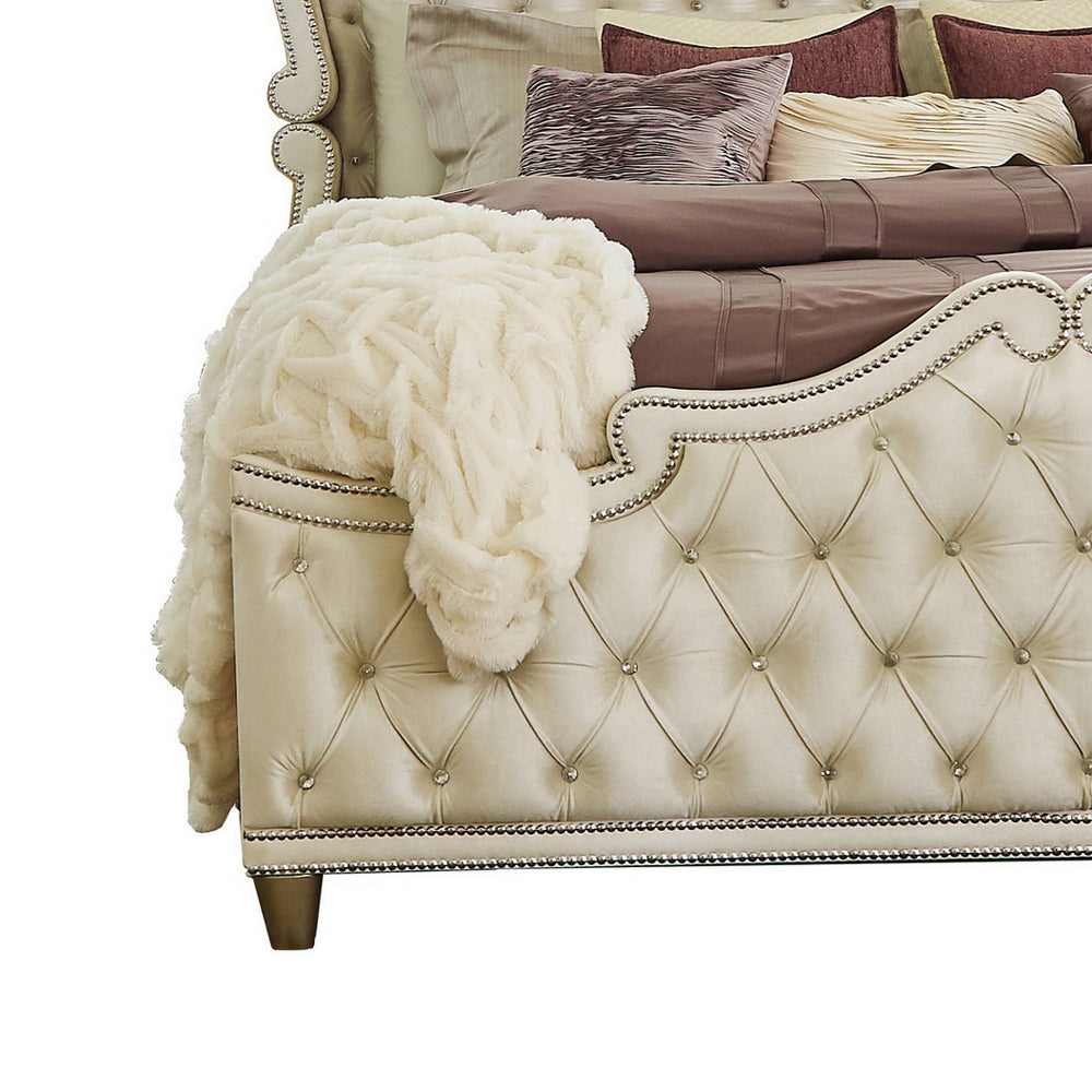 Benjara Lino California King Bed, Ivory Tufted Velvet Upholstery, French Carved