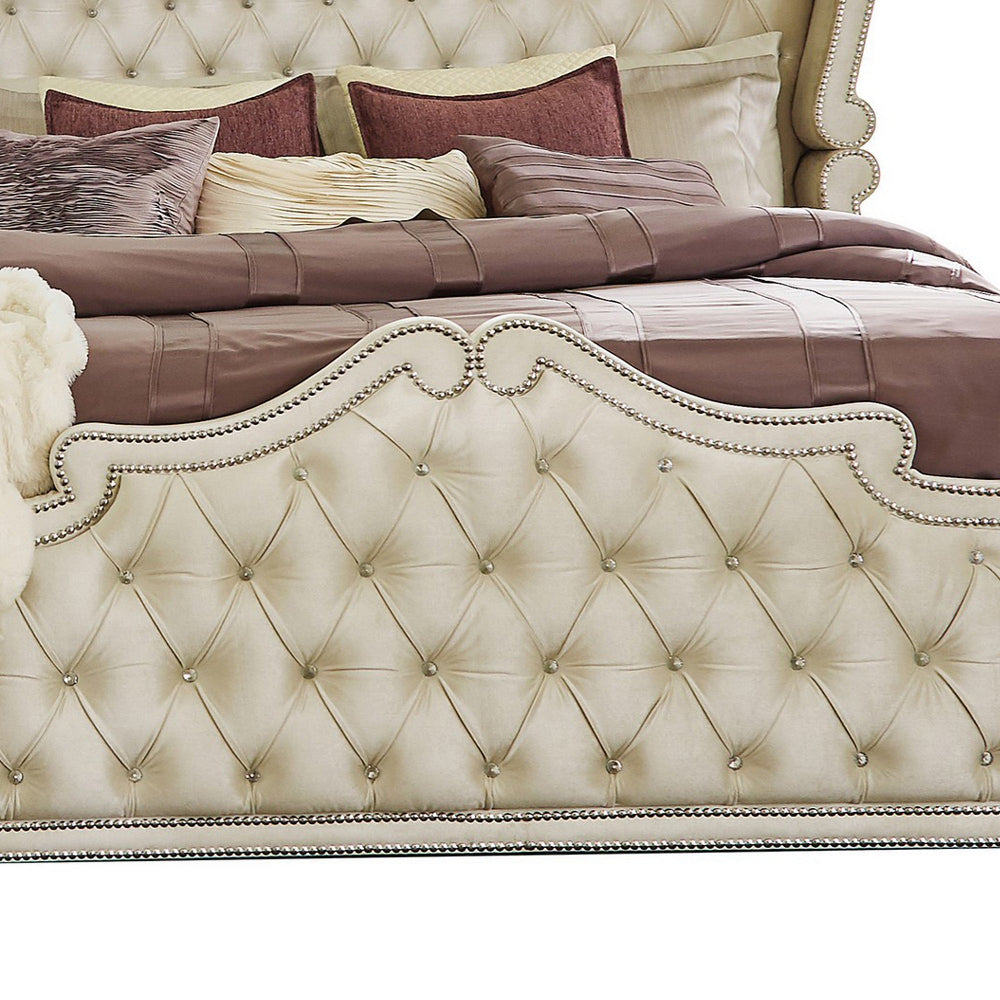 Benjara Lino California King Bed, Ivory Tufted Velvet Upholstery, French Carved