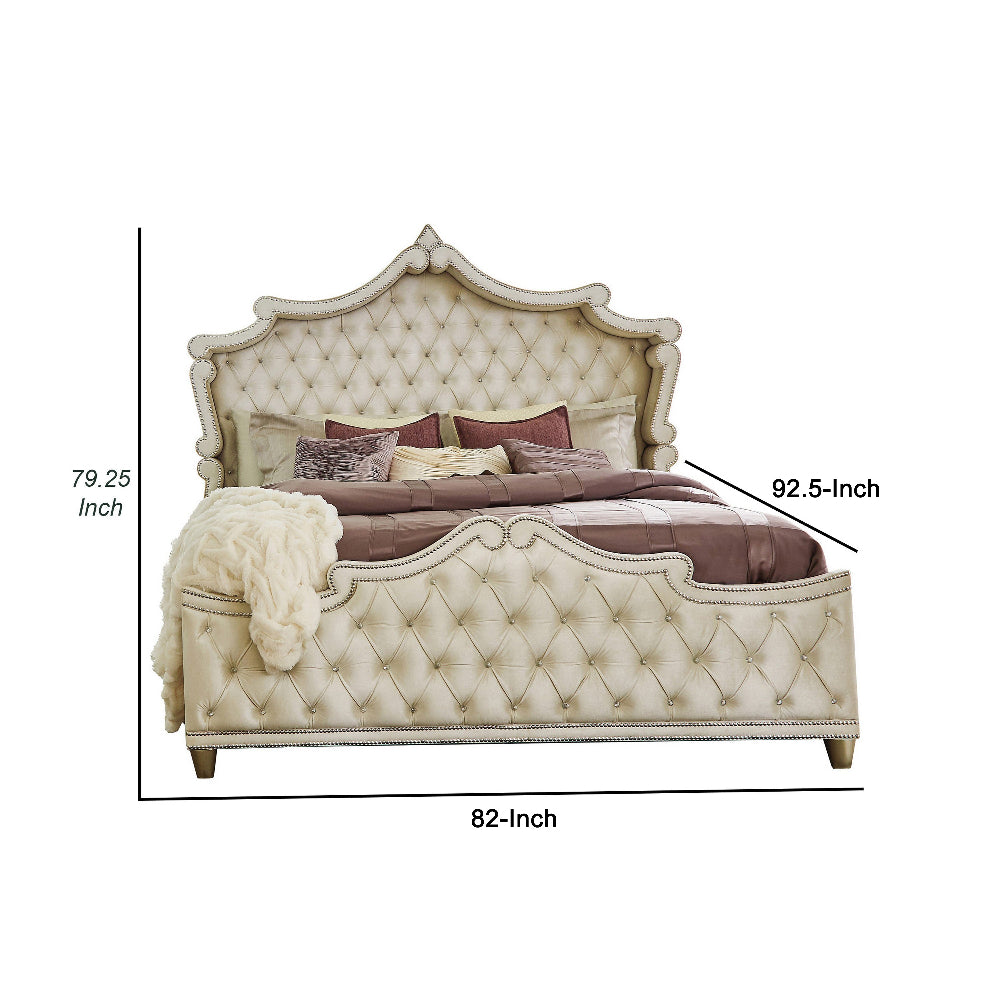 Benjara Lino California King Bed, Ivory Tufted Velvet Upholstery, French Carved