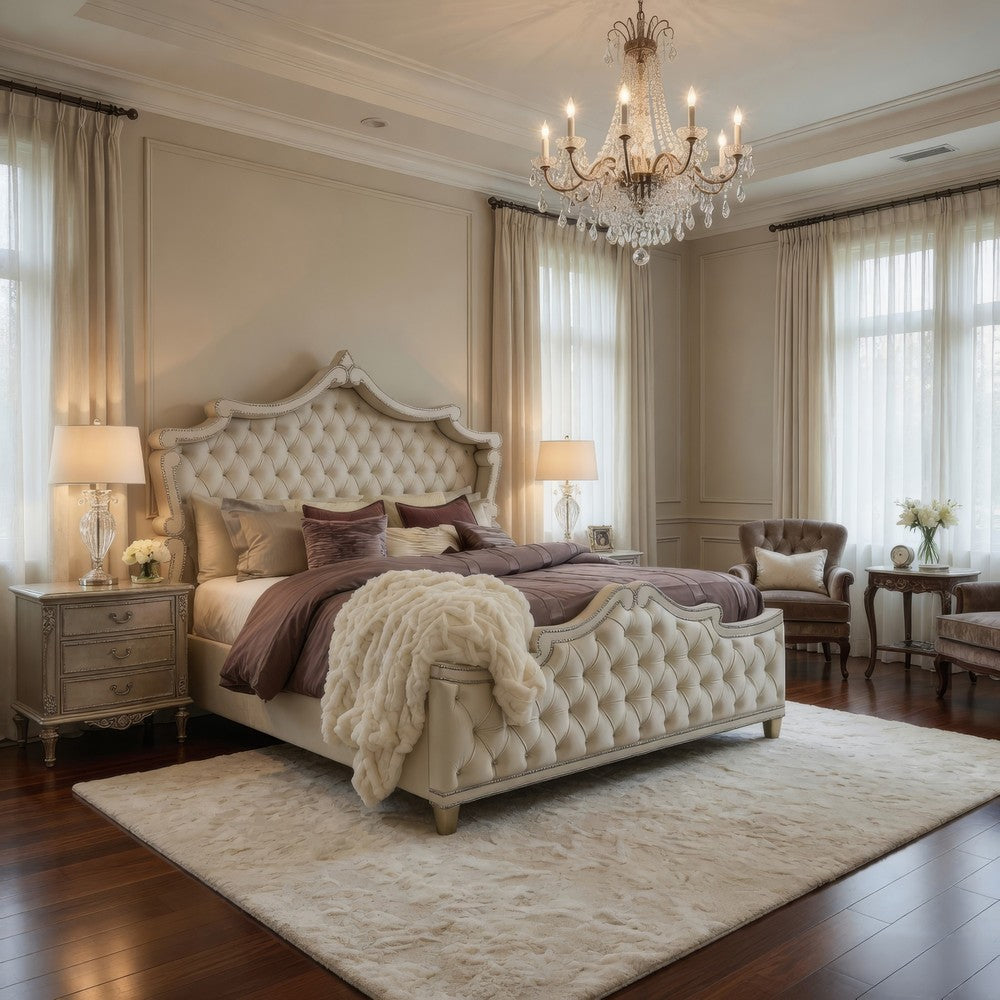 Benjara Lino California King Bed, Ivory Tufted Velvet Upholstery, French Carved