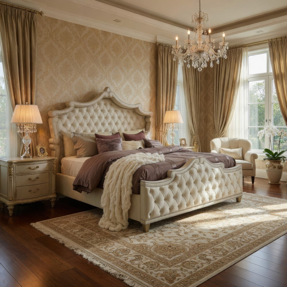 Benjara Lino California King Bed, Ivory Tufted Velvet Upholstery, French Carved