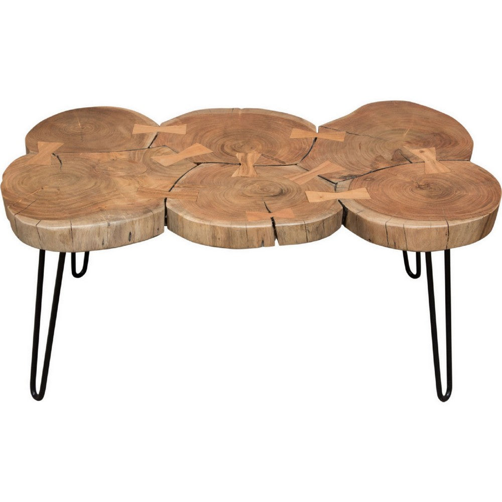 Benjara 39 Inch Rectangular Coffee Table, Live Edge Wood Top, Metal Legs, Brown