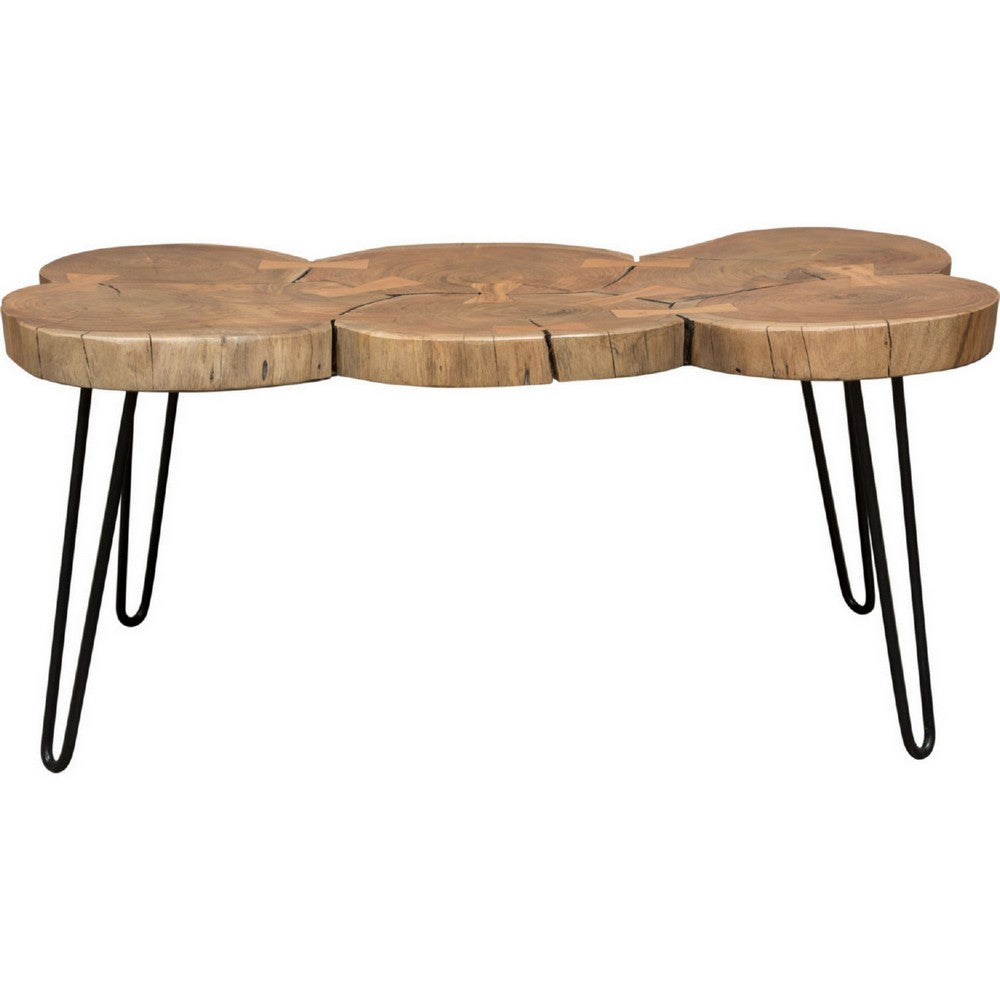 Benjara 39 Inch Rectangular Coffee Table, Live Edge Wood Top, Metal Legs, Brown