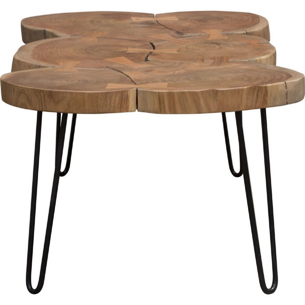 Benjara 39 Inch Rectangular Coffee Table, Live Edge Wood Top, Metal Legs, Brown