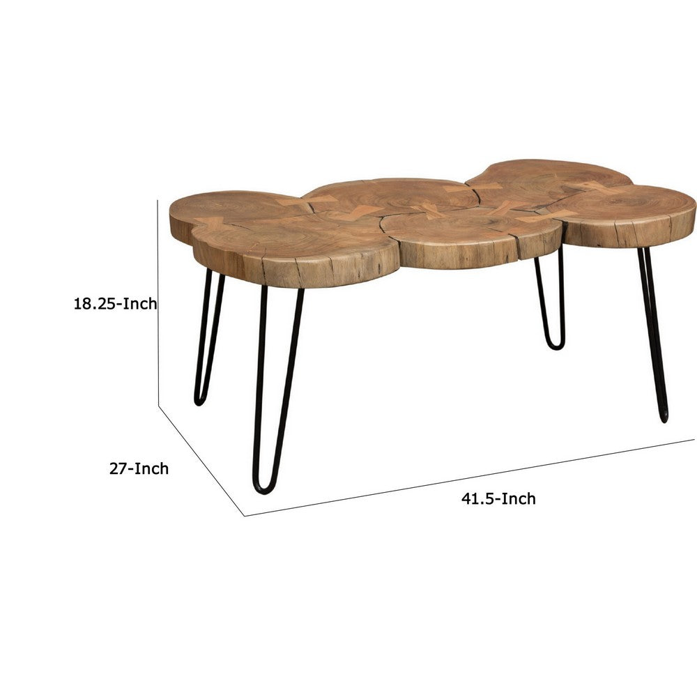 Benjara 39 Inch Rectangular Coffee Table, Live Edge Wood Top, Metal Legs, Brown