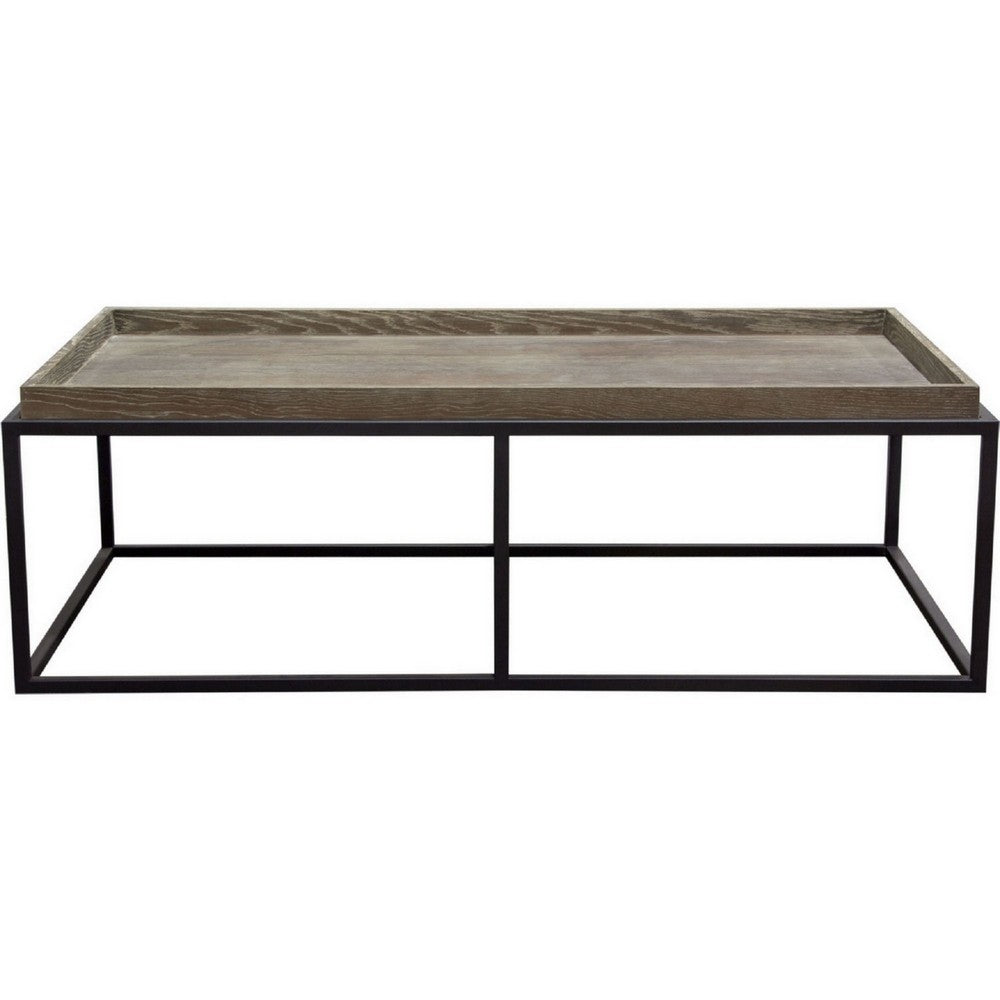 Benjara 52 Inch Modern Coffee Table, Raised Tray Edges Rustic Oak Brown, Black