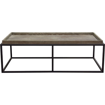 Benjara 52 Inch Modern Coffee Table, Raised Tray Edges Rustic Oak Brown, Black
