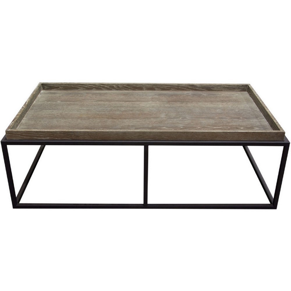 Benjara 52 Inch Modern Coffee Table, Raised Tray Edges Rustic Oak Brown, Black