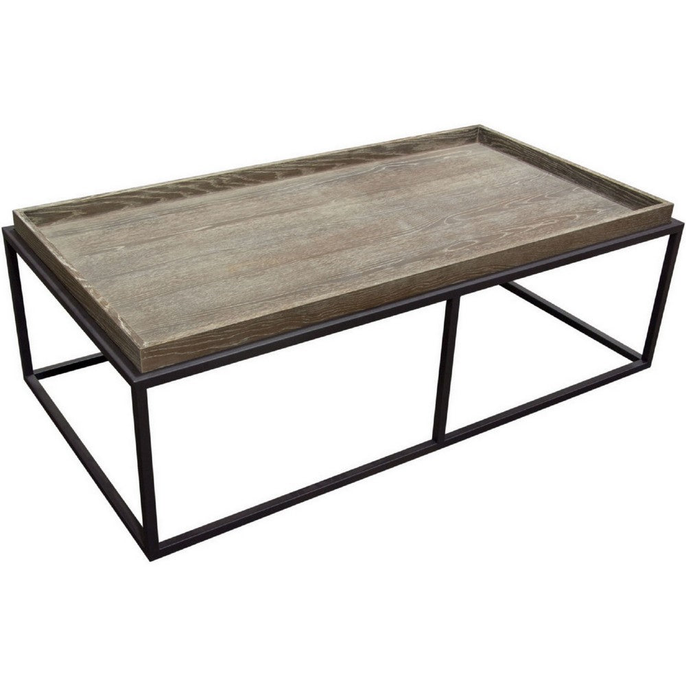 Benjara 52 Inch Modern Coffee Table, Raised Tray Edges Rustic Oak Brown, Black