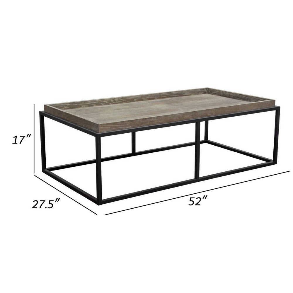 Benjara 52 Inch Modern Coffee Table, Raised Tray Edges Rustic Oak Brown, Black