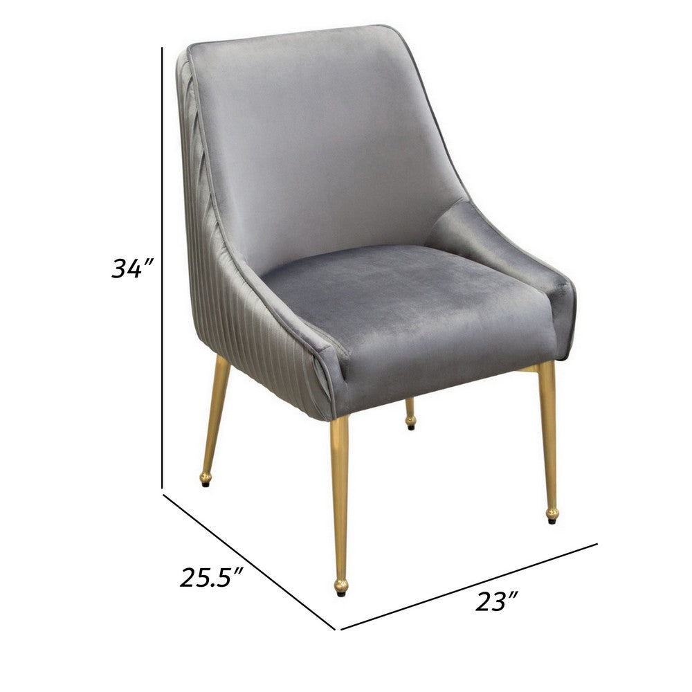 Benjara 24 Inch Pleated Dining Side Chair, Set of 2, Smooth Gray Velvet Upholstery
