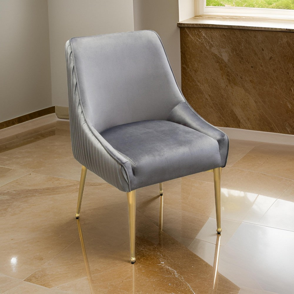 Benjara 24 Inch Pleated Dining Side Chair, Set of 2, Smooth Gray Velvet Upholstery