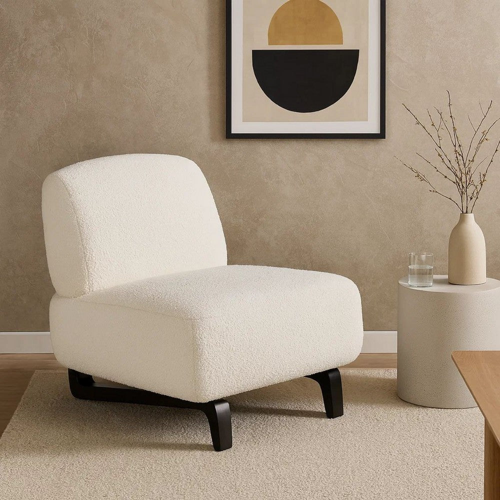 Benjara Ikka 30 Inch Padded Armless Chair, Crisp White Faux Sheepskin Upholstery