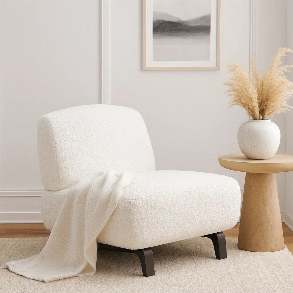 Benjara Ikka 30 Inch Padded Armless Chair, Crisp White Faux Sheepskin Upholstery