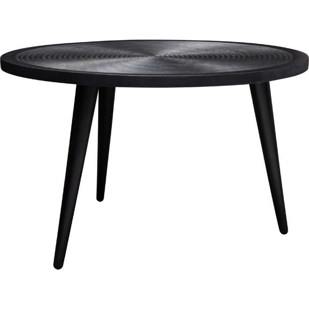 Benjara Vio 29 Inch Round Coffee Table, Embossed Surface Patterning, Black Wood