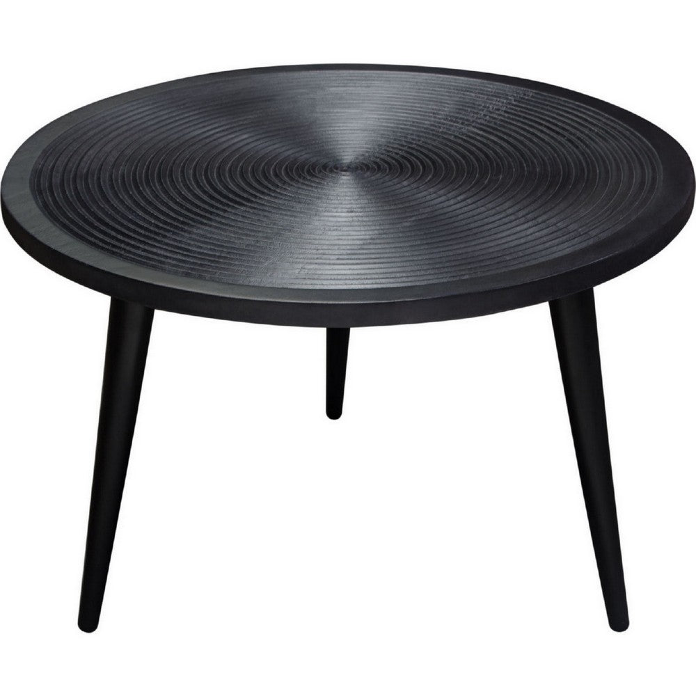 Benjara Vio 29 Inch Round Coffee Table, Embossed Surface Patterning, Black Wood