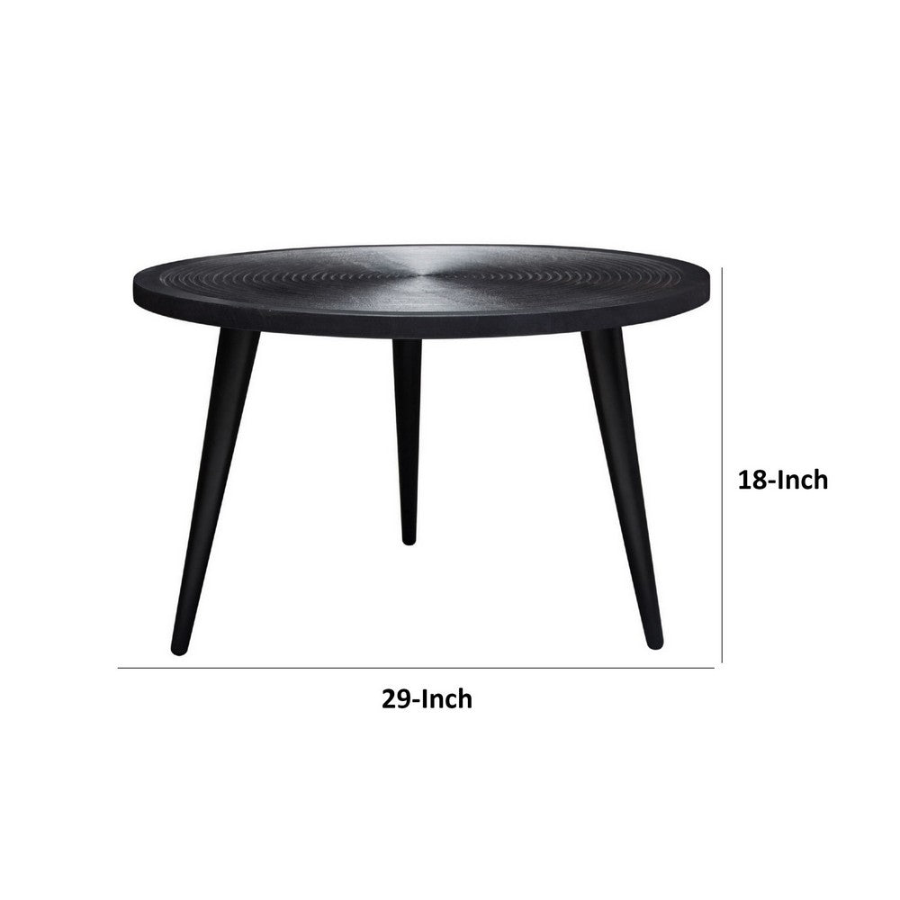 Benjara Vio 29 Inch Round Coffee Table, Embossed Surface Patterning, Black Wood