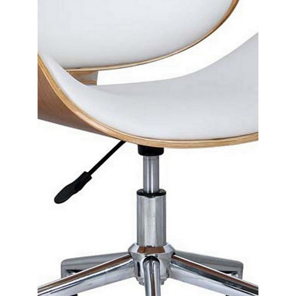 Benjara 23 Inch Swivel Office Chair, Curved Wood Seat And Back, White Faux Leather