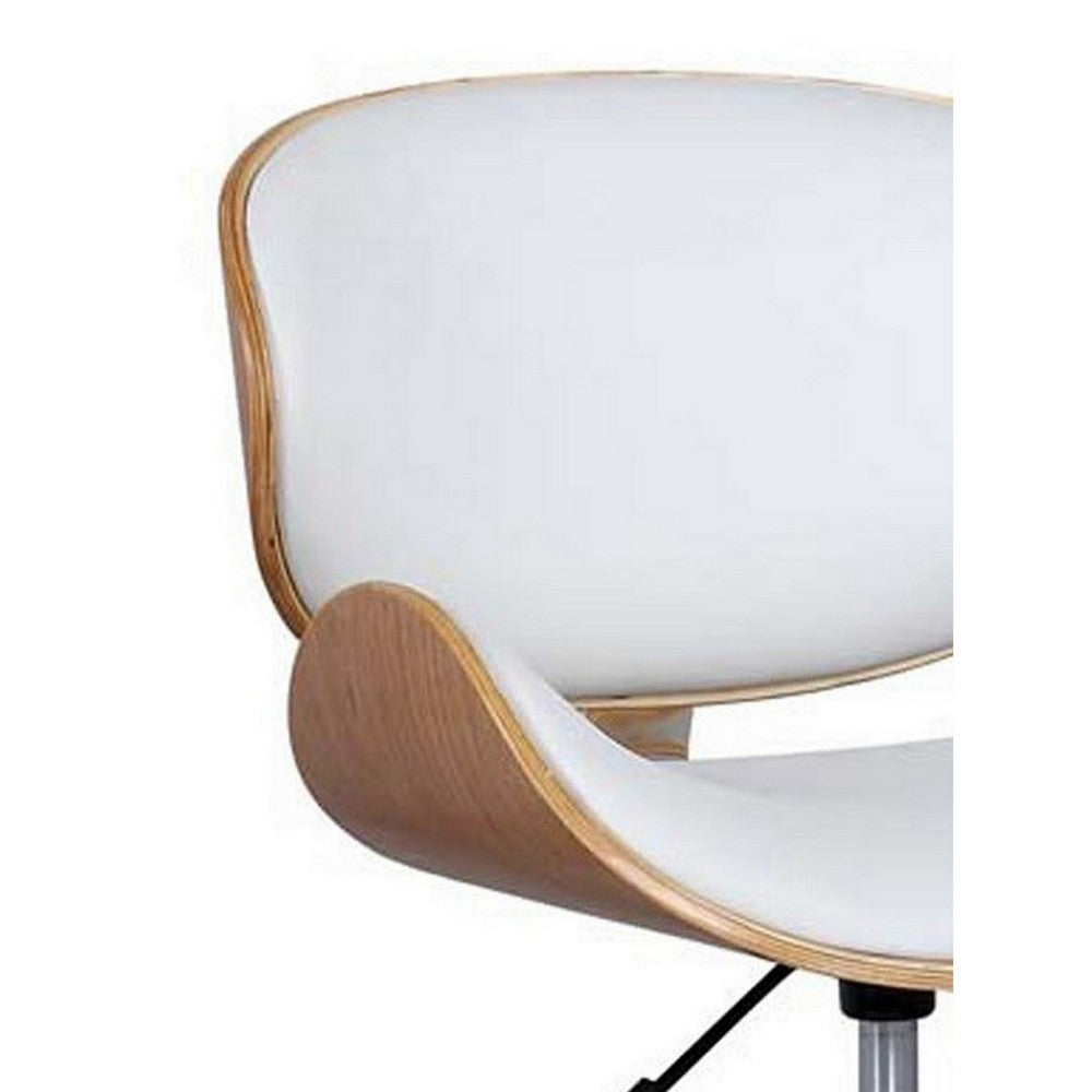 Benjara 23 Inch Swivel Office Chair, Curved Wood Seat And Back, White Faux Leather