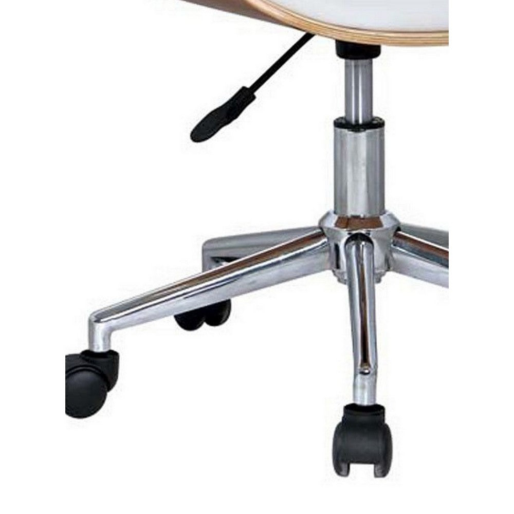 Benjara 23 Inch Swivel Office Chair, Curved Wood Seat And Back, White Faux Leather