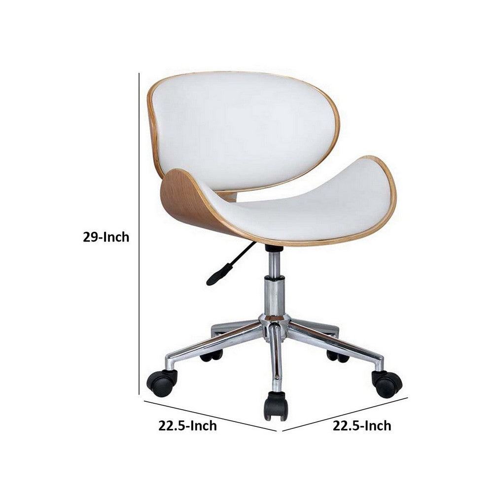 Benjara 23 Inch Swivel Office Chair, Curved Wood Seat And Back, White Faux Leather
