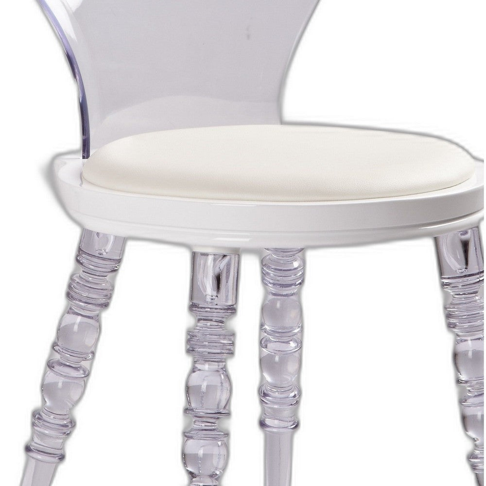 Benjara Rari 19 Inch Crystal Clear Armless Chair, Padded White Vegan Leather Seat