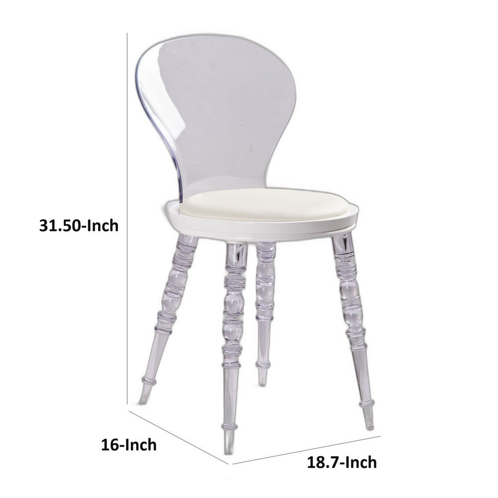 Benjara Rari 19 Inch Crystal Clear Armless Chair, Padded White Vegan Leather Seat
