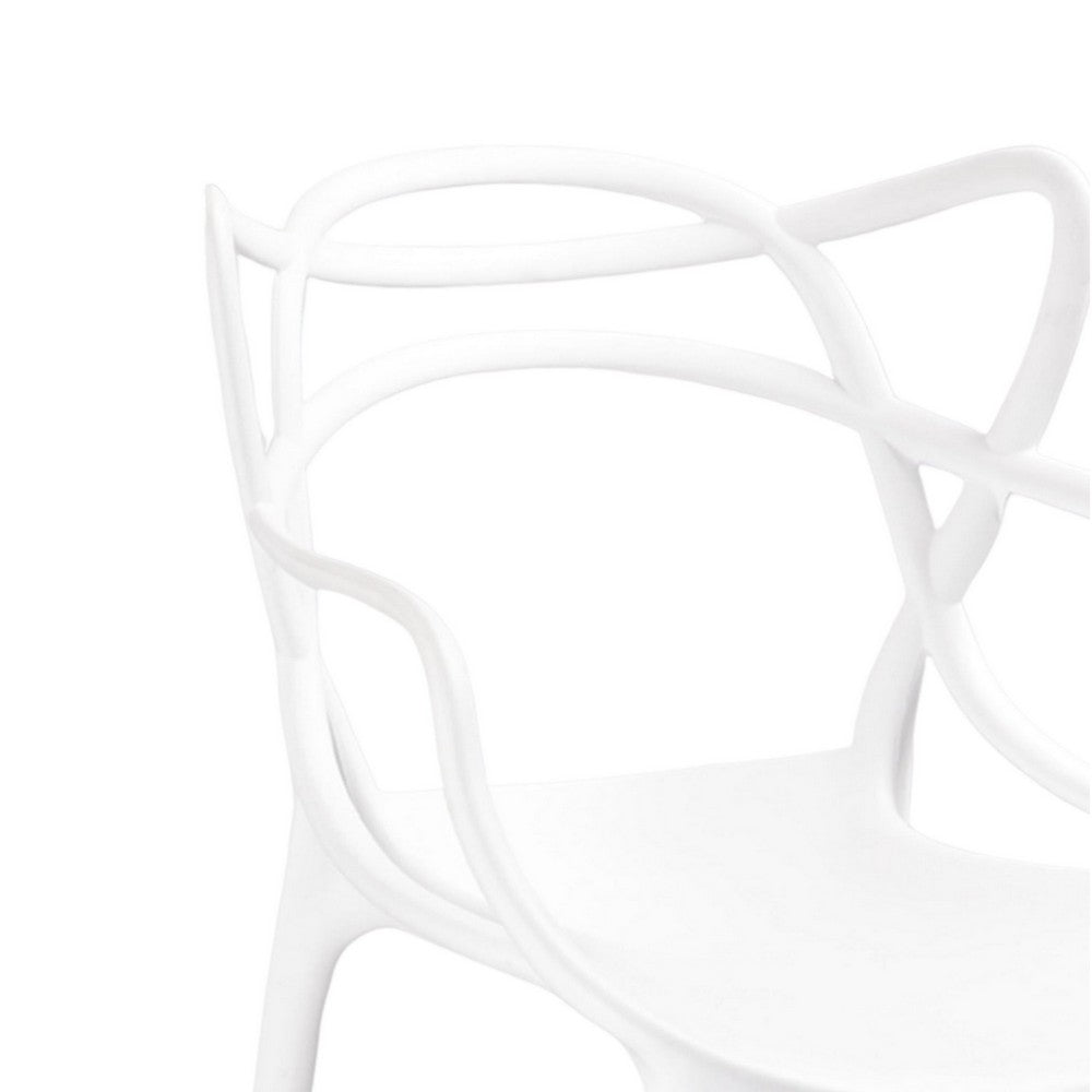 Benjara Yuva 22 Inch Armchair, Set of 4, Intricate Curved Seat, White Polypropylene