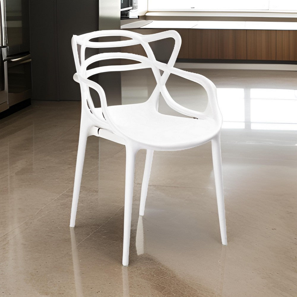 Benjara Yuva 22 Inch Armchair, Set of 4, Intricate Curved Seat, White Polypropylene