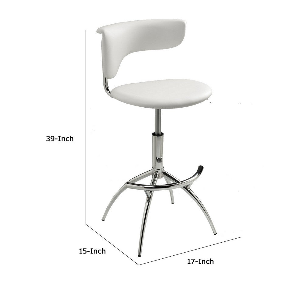 Benjara Will 26-31 Inch Adjustable Height Barstool Chair, Set of 2, Chrome White Faux Leather