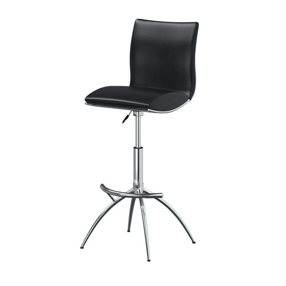 Benjara Deko 26-31 Inch Adjustable Height Barstool Chair, Set of 2, Chrome Black Faux Leather