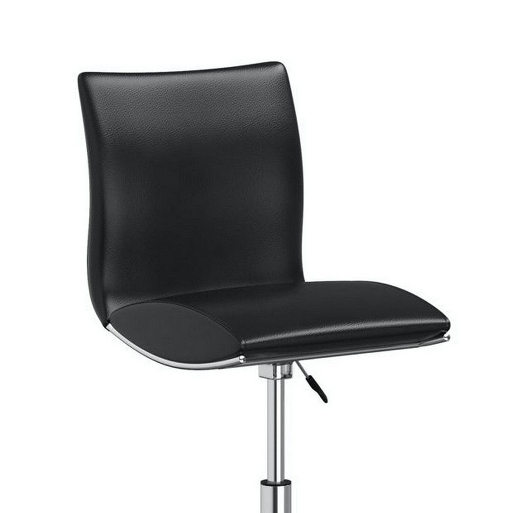 Benjara Deko 26-31 Inch Adjustable Height Barstool Chair, Set of 2, Chrome Black Faux Leather