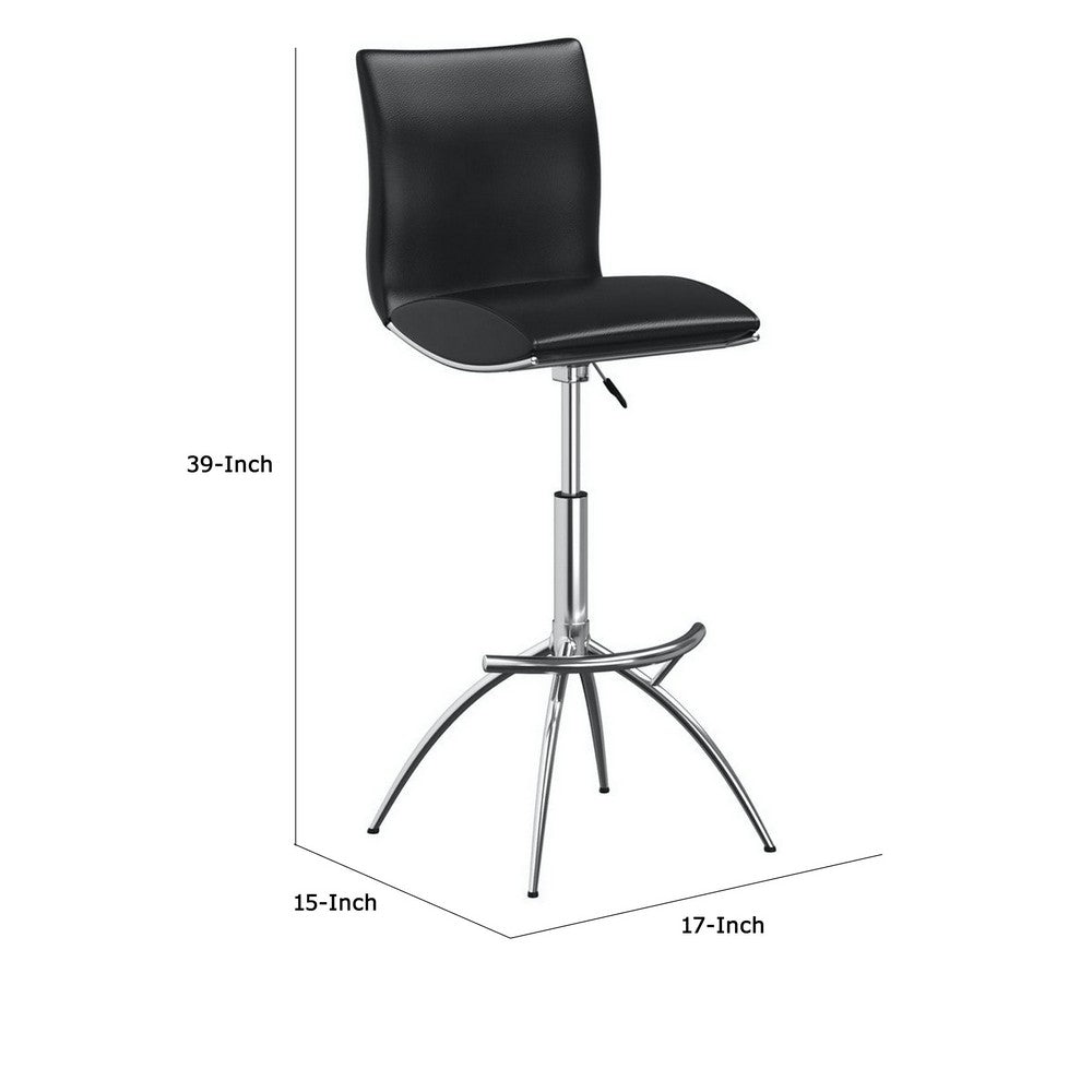Benjara Deko 26-31 Inch Adjustable Height Barstool Chair, Set of 2, Chrome Black Faux Leather