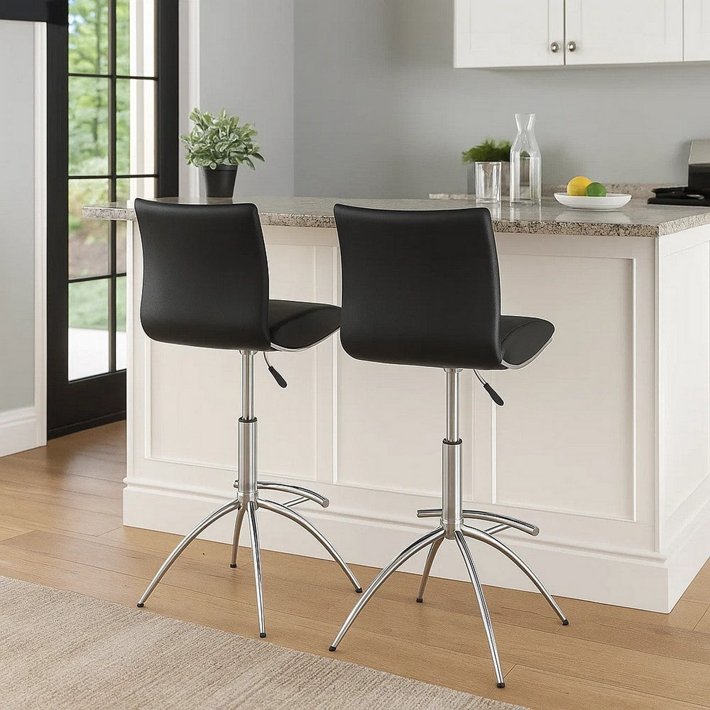 Benjara Deko 26-31 Inch Adjustable Height Barstool Chair, Set of 2, Chrome Black Faux Leather