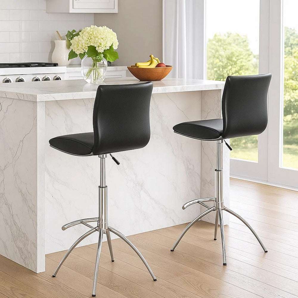 Benjara Deko 26-31 Inch Adjustable Height Barstool Chair, Set of 2, Chrome Black Faux Leather