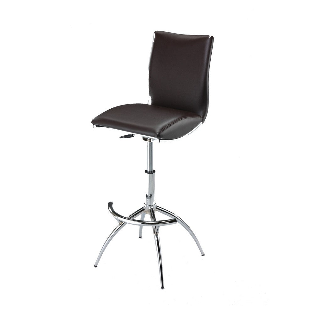 Benjara Deko 26-31 Inch Adjustable Height Barstool Chair, Set of 2, Chrome Brown Faux Leather