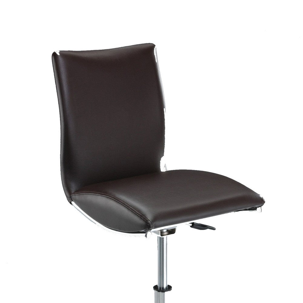 Benjara Deko 26-31 Inch Adjustable Height Barstool Chair, Set of 2, Chrome Brown Faux Leather