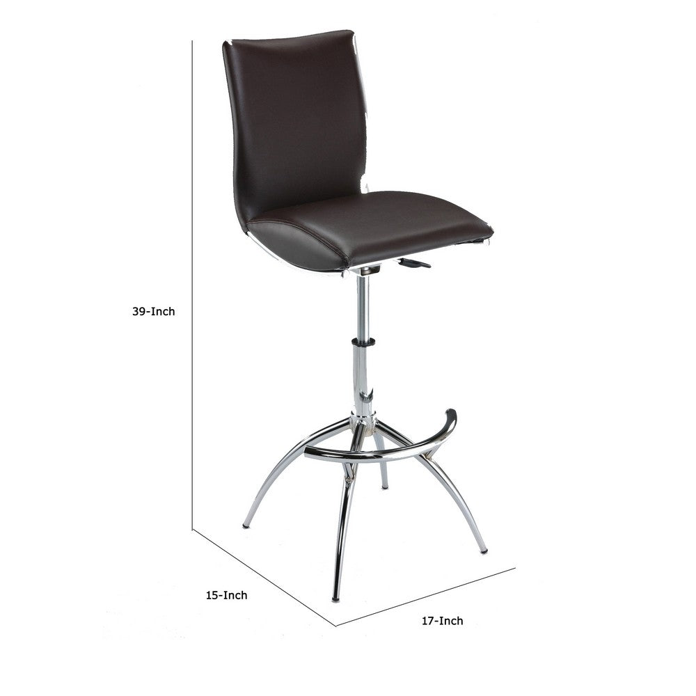 Benjara Deko 26-31 Inch Adjustable Height Barstool Chair, Set of 2, Chrome Brown Faux Leather