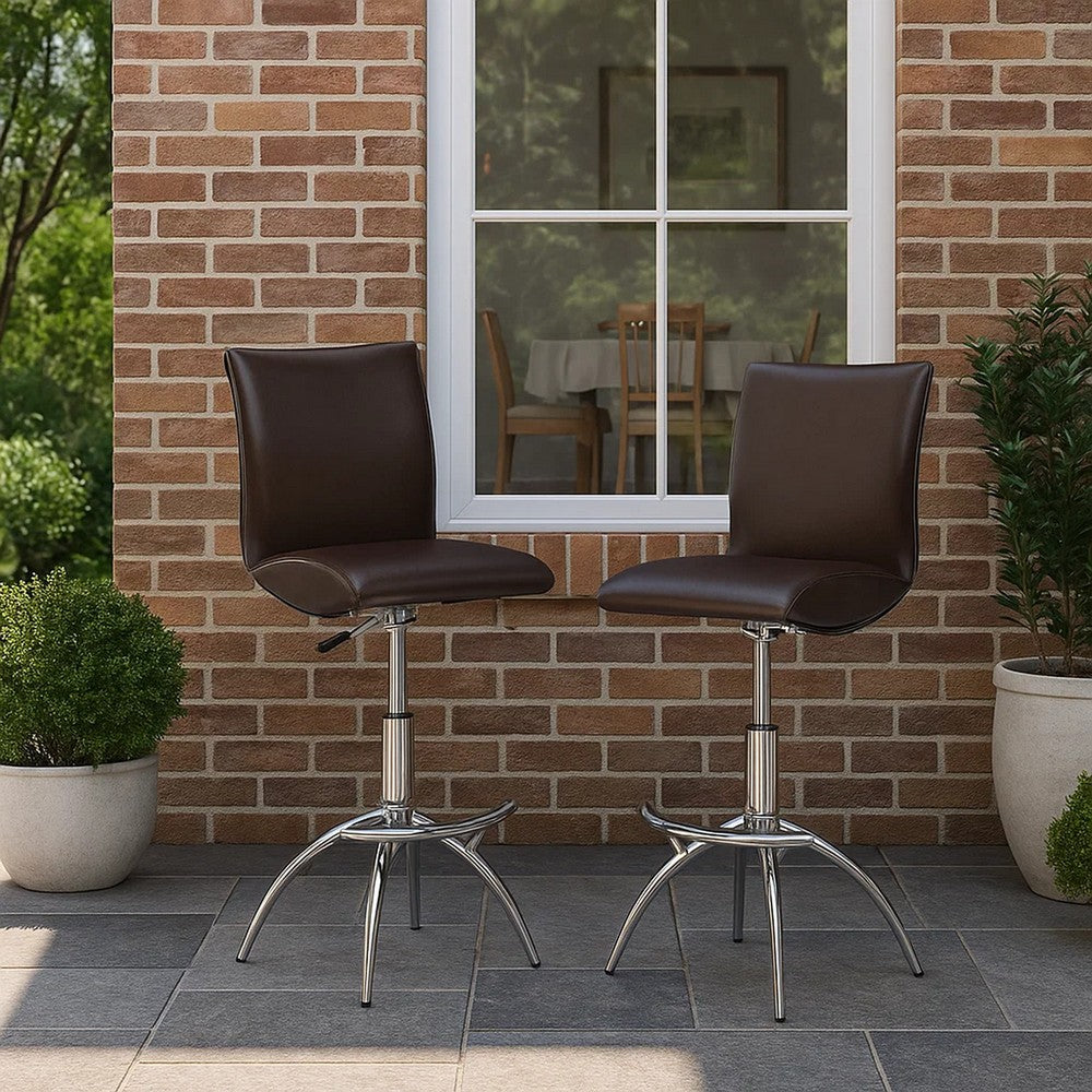Benjara Deko 26-31 Inch Adjustable Height Barstool Chair, Set of 2, Chrome Brown Faux Leather
