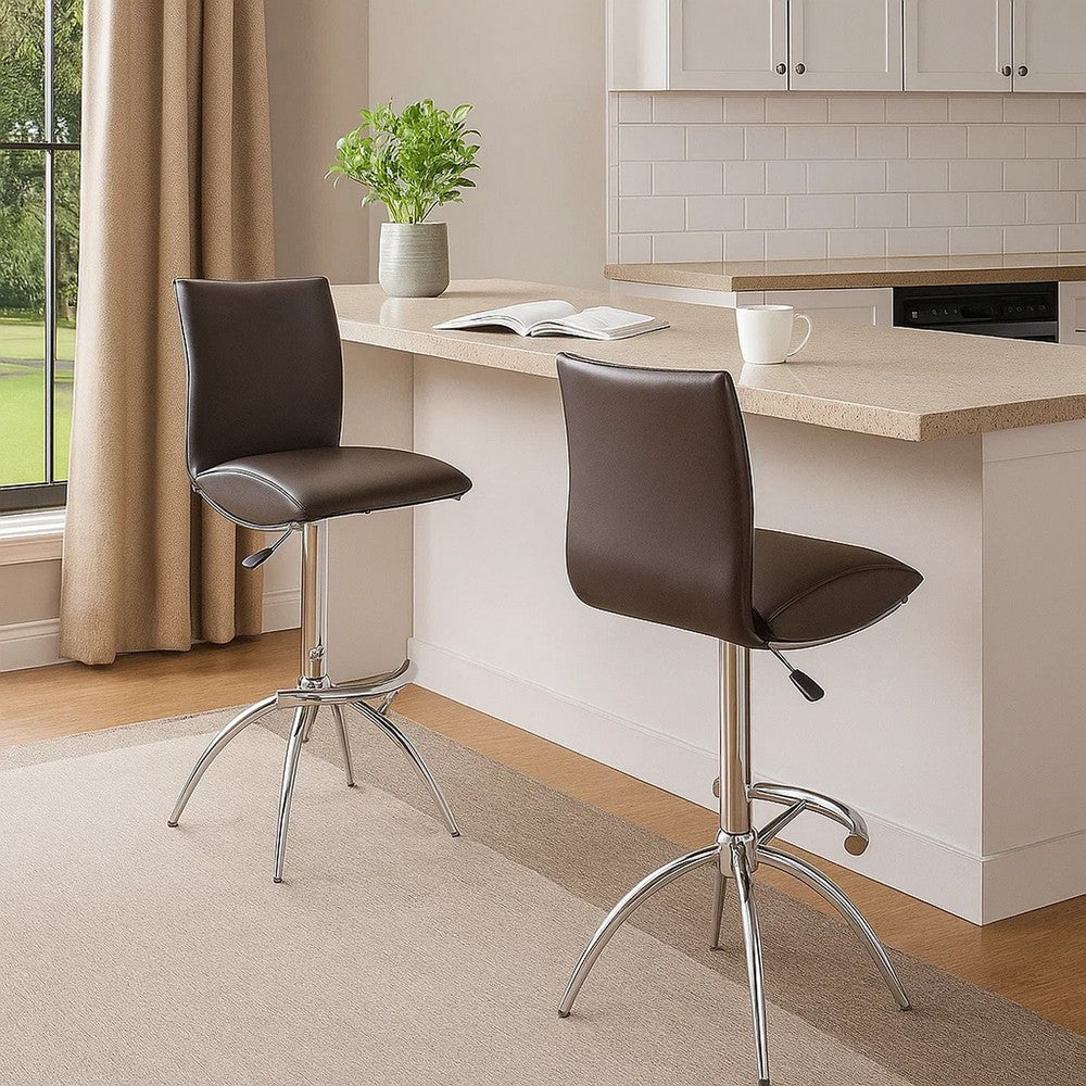 Benjara Deko 26-31 Inch Adjustable Height Barstool Chair, Set of 2, Chrome Brown Faux Leather